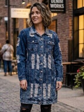 NEW! Distressed Long Denim Jacket